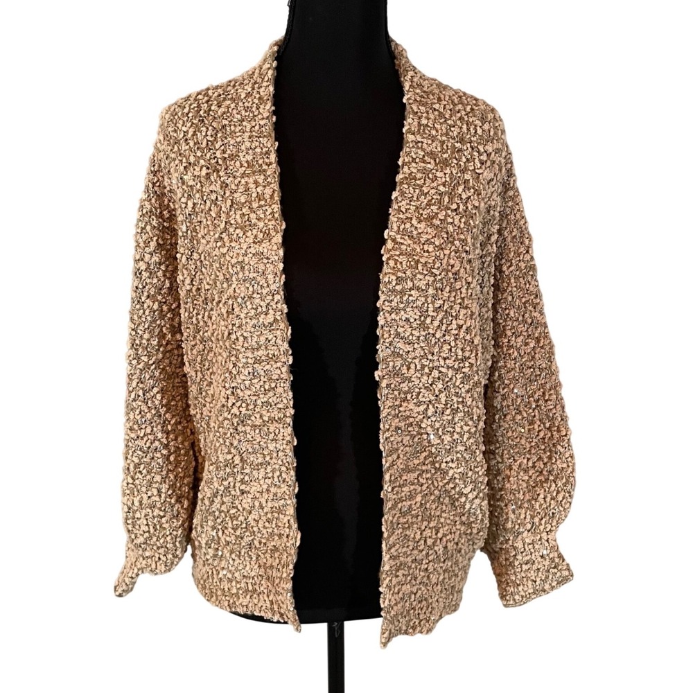 Mia Joy Joyfolie Tan Popcorn‎ Knit Sequin Cardigan Sweater Size 8 Shimmer